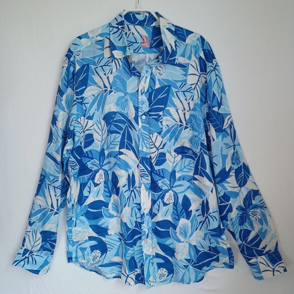J McLaughlin Linen Shirt Mens Blue Tropical Print Long Sleeve Button Up Size Med - Picture 9 of 9